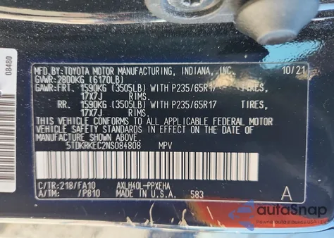 2022 Toyota Sienna Le z USA, uszkodzony, nr VIN 5TDKRKEC2NS084808